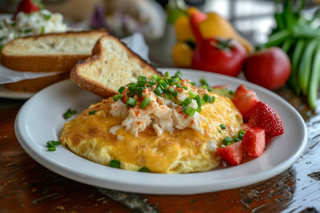 Golden crab omelet served on a white ceramic plate, garnished with green onions, accompanied by toast and fresh fruit on a rustic wooden table.