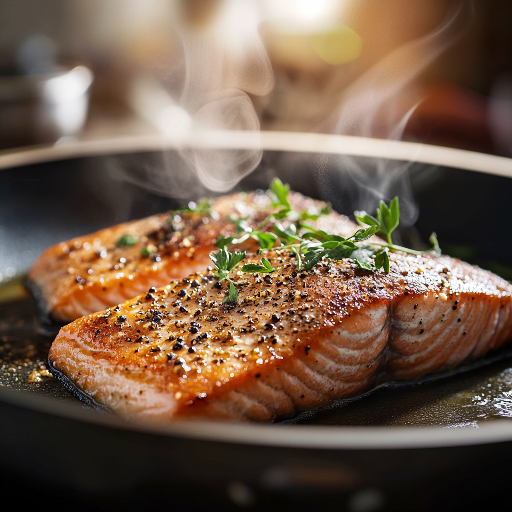 A perfectly seared salmon fillet in a skillet with golden edges, seasoned with black pepper and herbs.