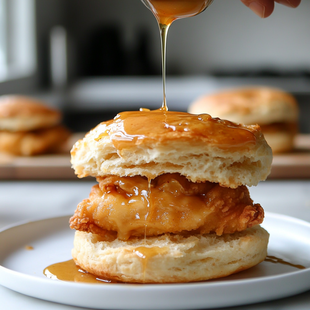 A flaky biscuit being assembled with a crispy fried chicken piece and honey butter drizzle on a cozy kitchen countertop.