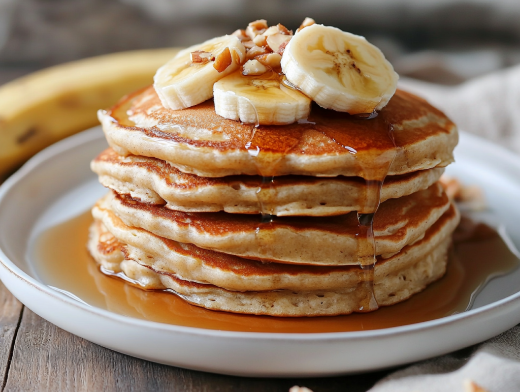 Golden-brown banana protein pancakes stacked on a plate, topped with banana slices, maple syrup, and crushed nuts on a breakfast table.