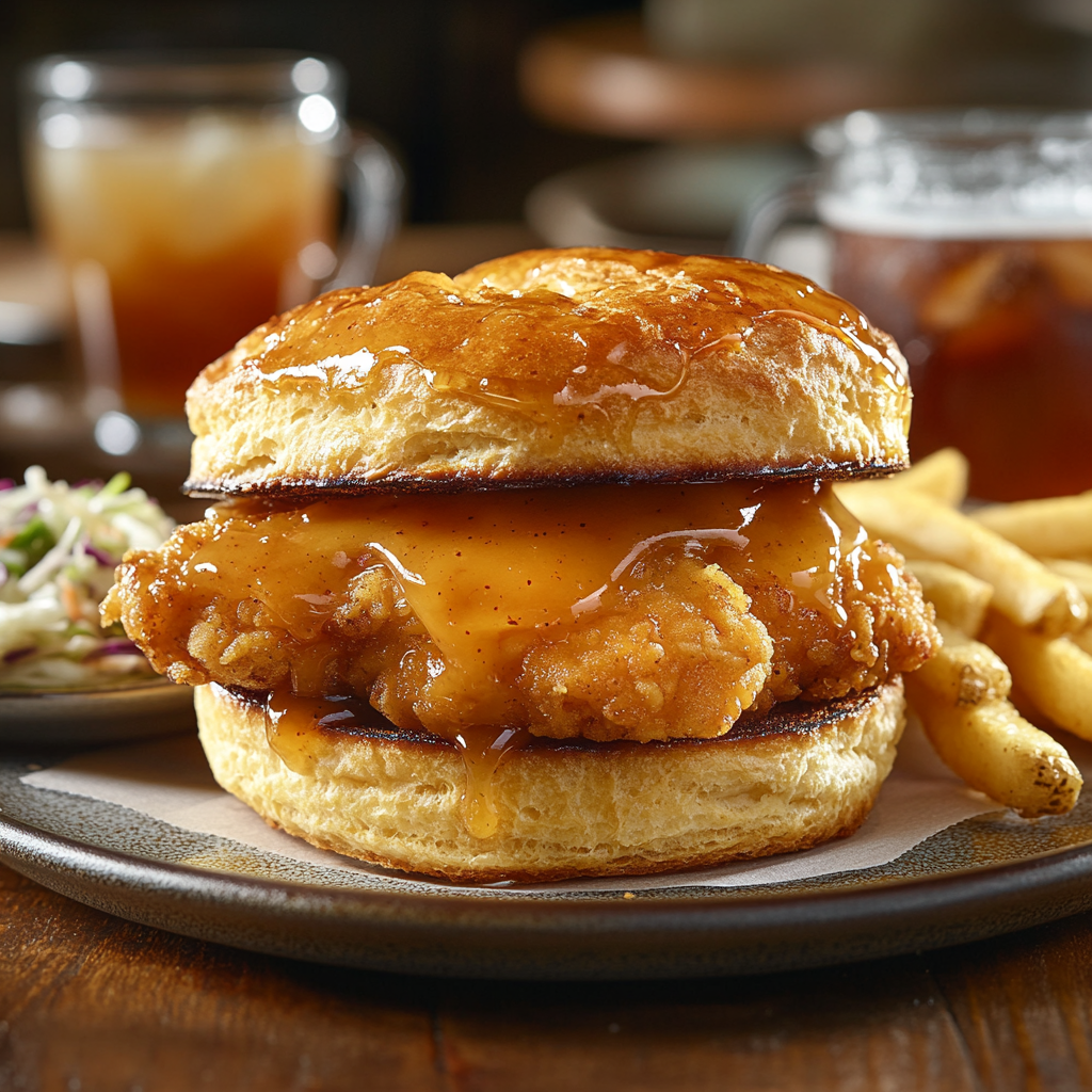 A golden Honey Butter Chicken Biscuit on a ceramic plate with honey butter sauce dripping, served with fries and iced tea.