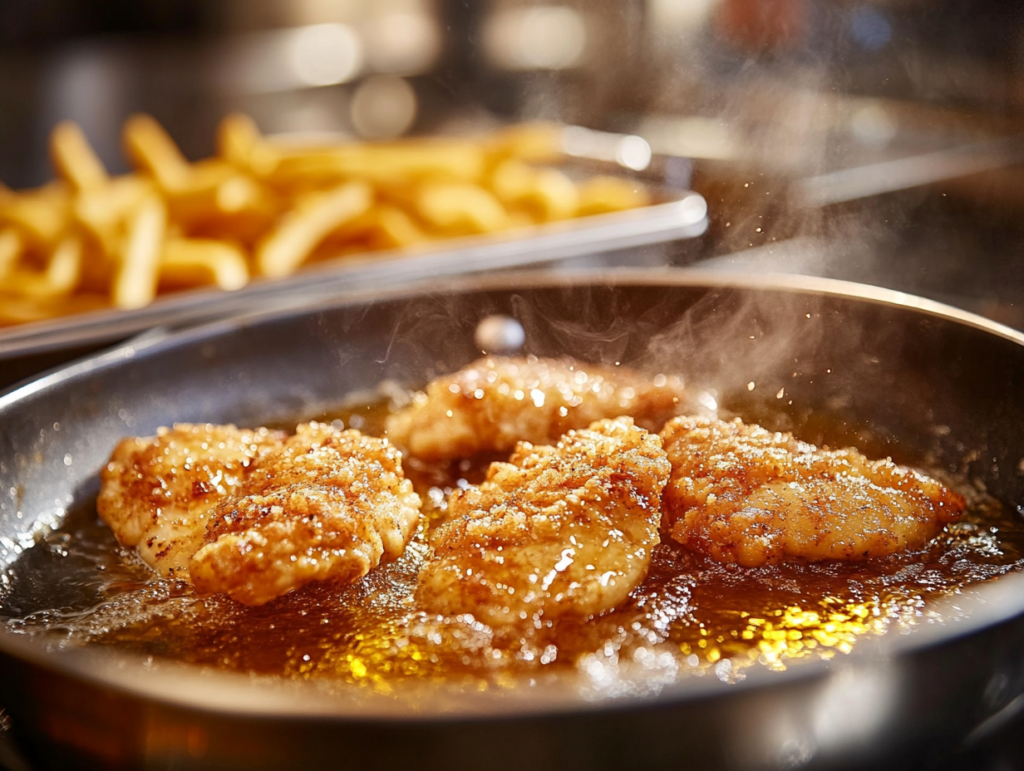 Chicken tenders frying in golden oil in a skillet, with steam rising and a baking tray of fries in the background, ready to bake.