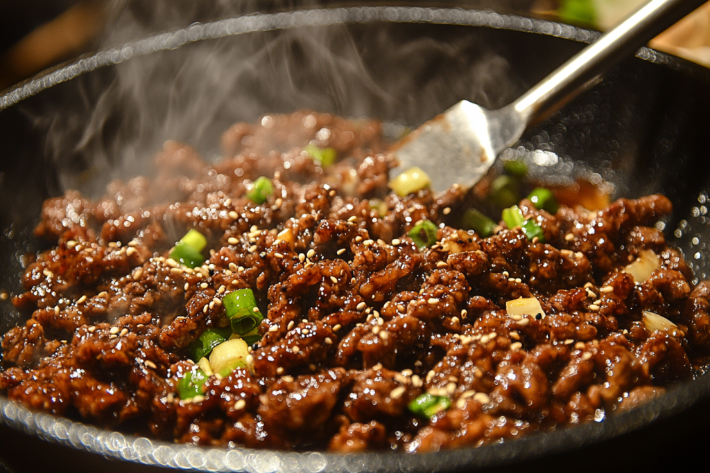 Ground beef bulgogi cooking in a skillet with a glossy, caramelized sauce, bits of garlic and ginger visible, and steam rising with a spatula stirring.
