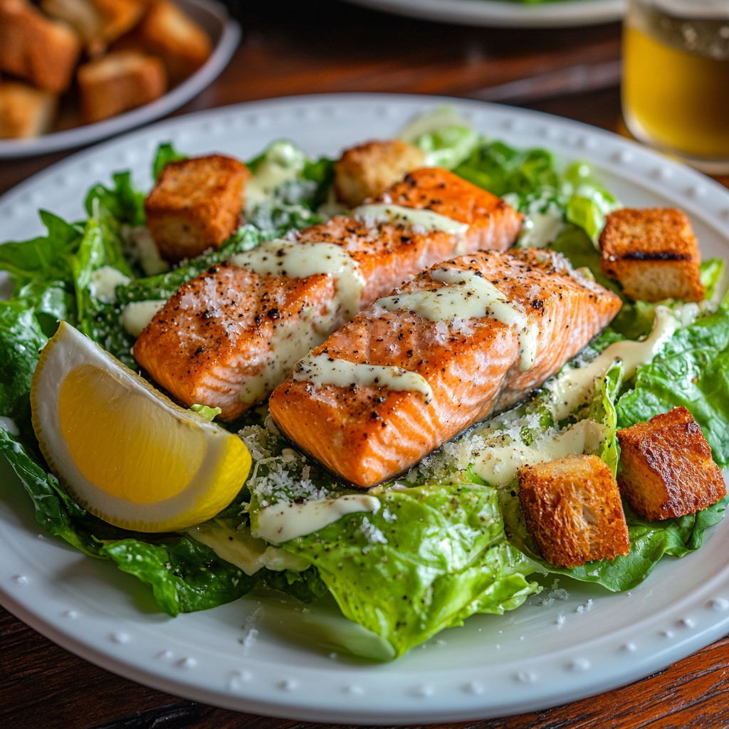 A close-up of Salmon Caesar Salad featuring grilled salmon, romaine lettuce, Parmesan shavings, croutons, and creamy Caesar dressing.