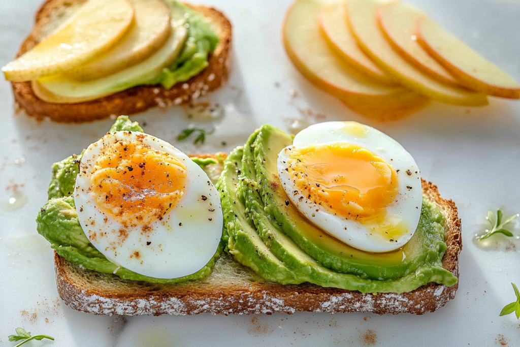 Finished avocado toast topped with egg and apples on a rustic table.