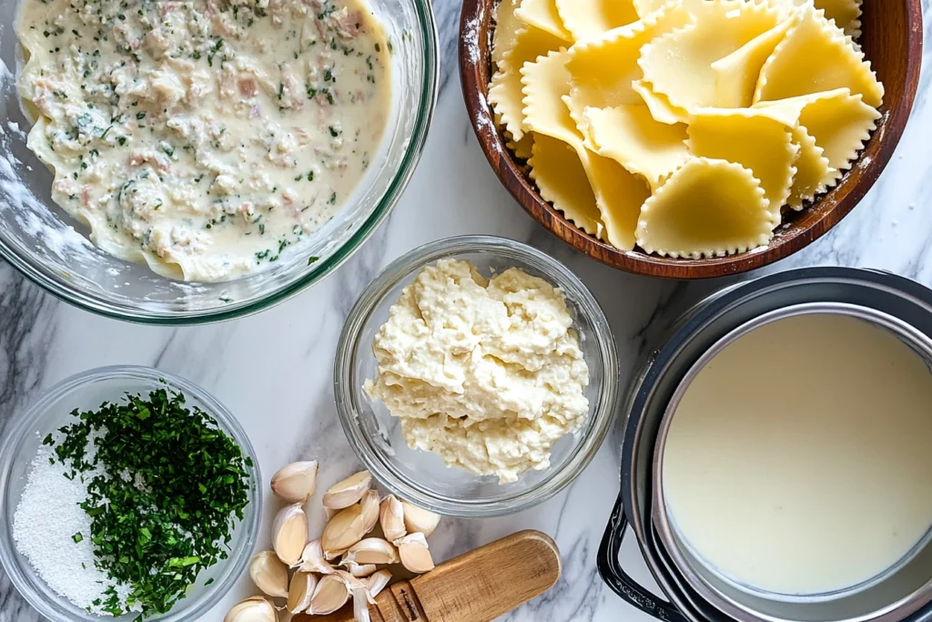 Ingredients for alfredo lasagna on a countertop