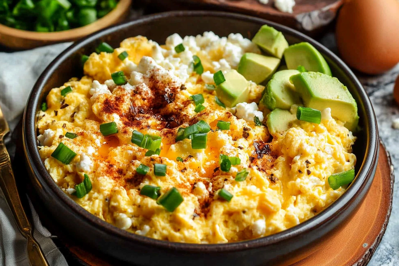 A plate of scrambled eggs with cottage cheese garnished with chives