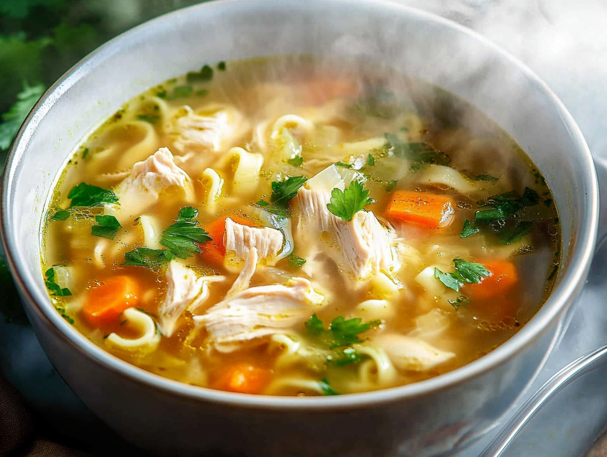 A large pot of Chicken Noodle Soup simmering with chicken, noodles, carrots, and celery, with steam rising in a cozy kitchen setting.