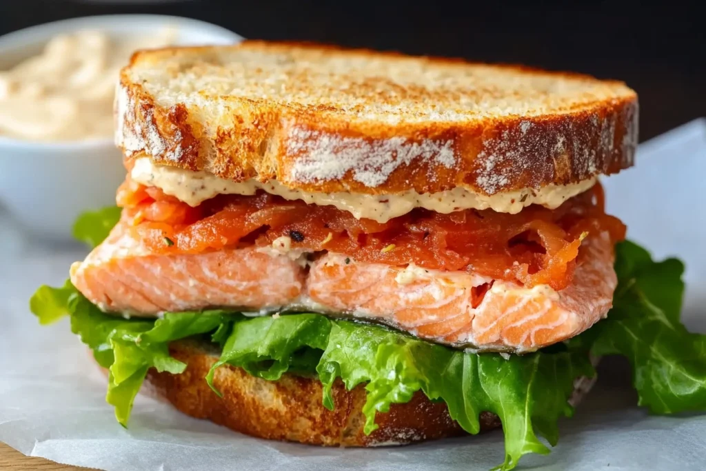 A plated salmon BLT sandwich