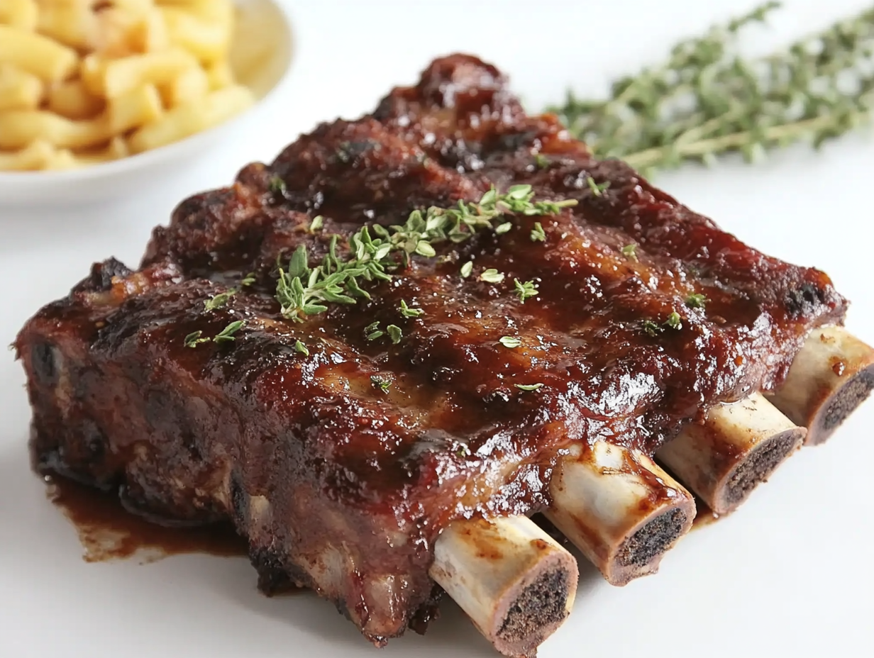 A plate of beef back ribs glazed with BBQ sauce, garnished with fresh herbs, served with cornbread, coleslaw, and baked beans on a wooden table.