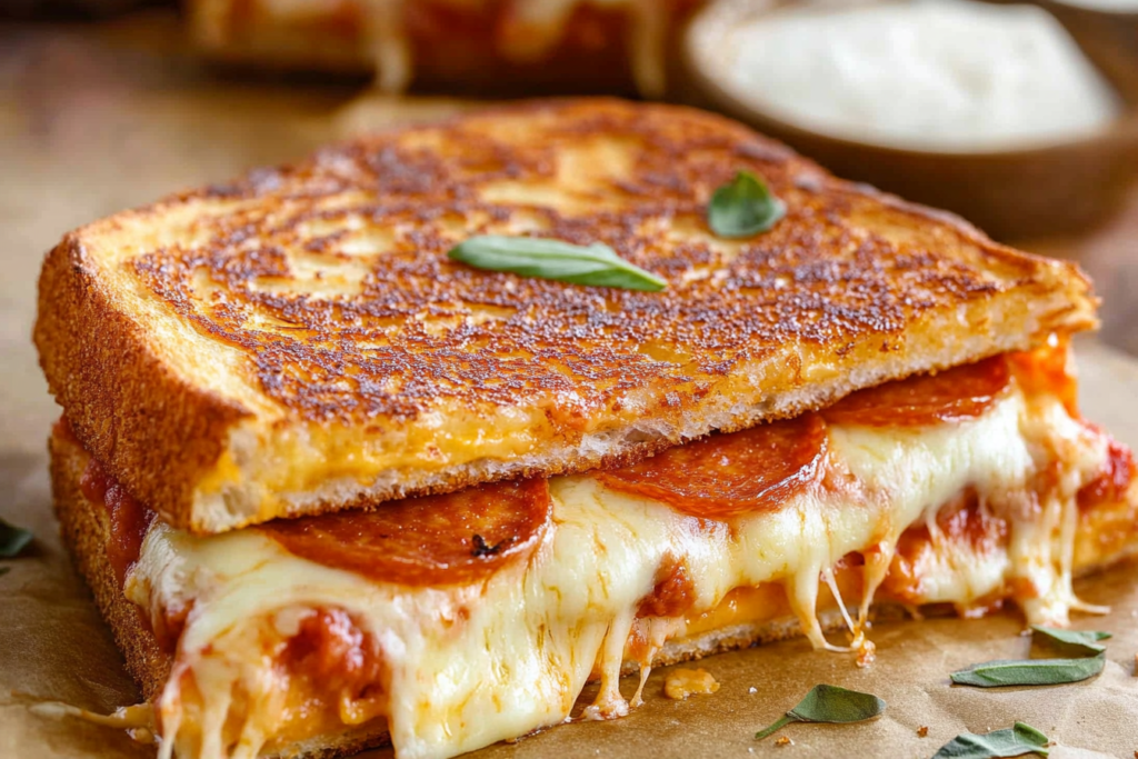 A crispy grilled cheese sandwich pizza cut into halves, served on a plate with fresh basil and marinara sauce on the side.