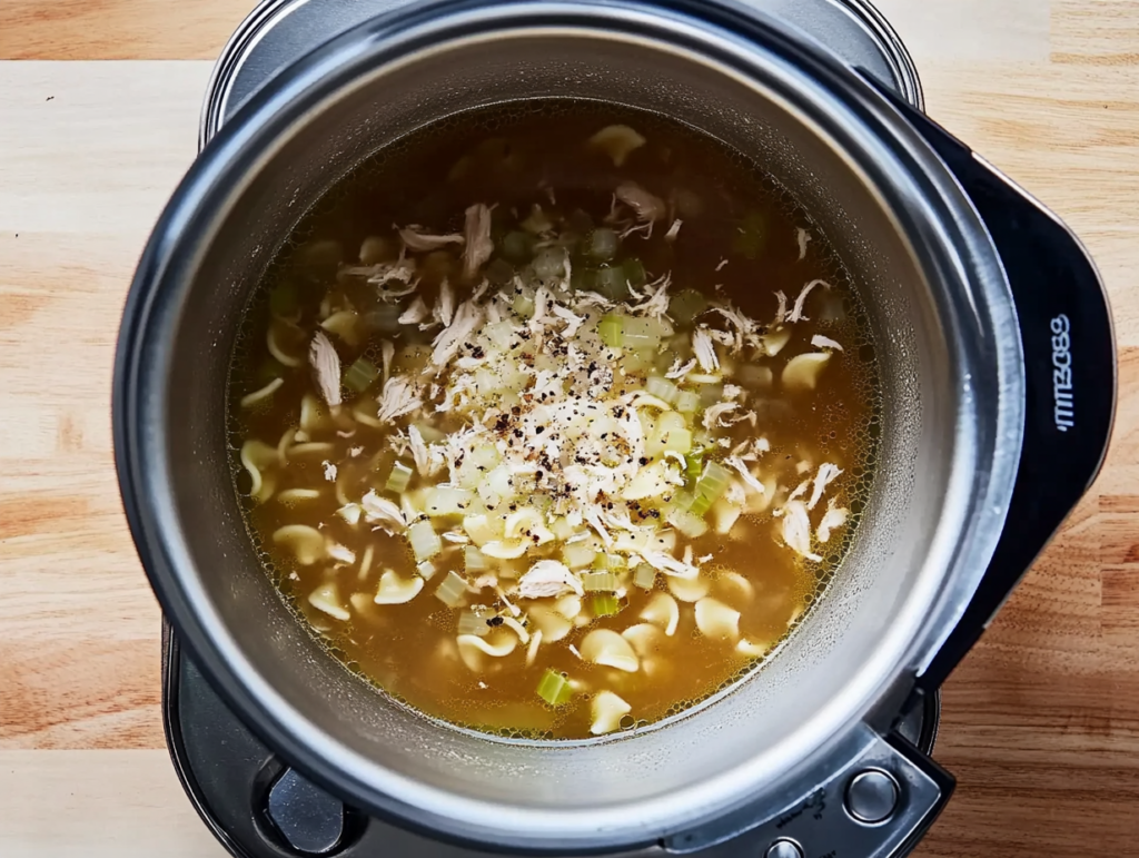 A large pot of Chicken Noodle Soup simmering with chicken, noodles, carrots, and celery, with steam rising in a cozy kitchen setting.