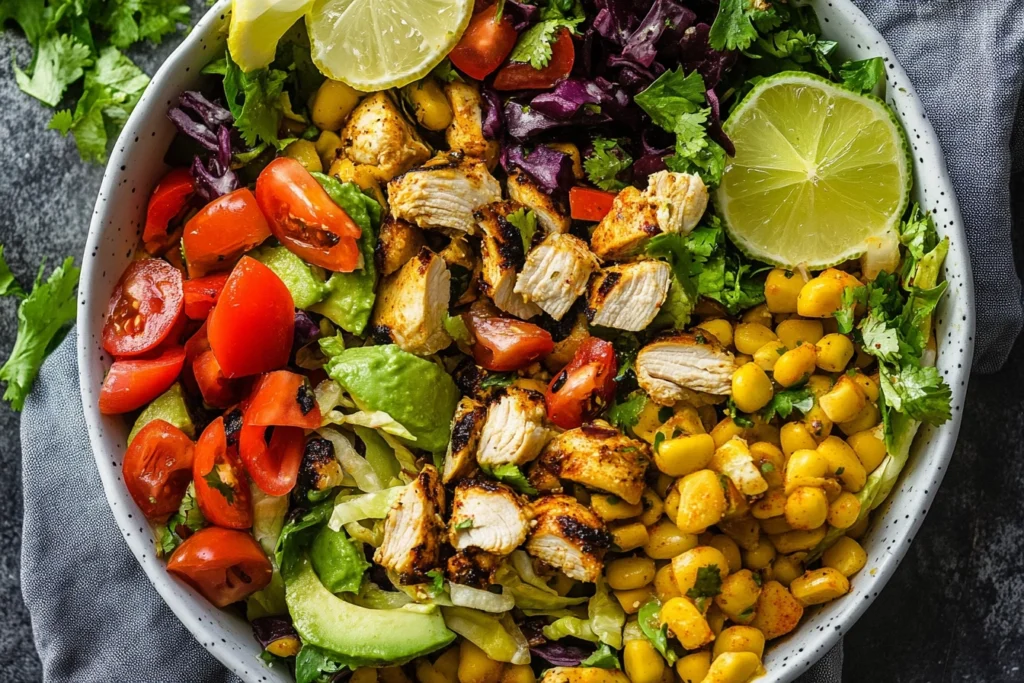 A plated serving of Mexican chicken salad with garnishes.