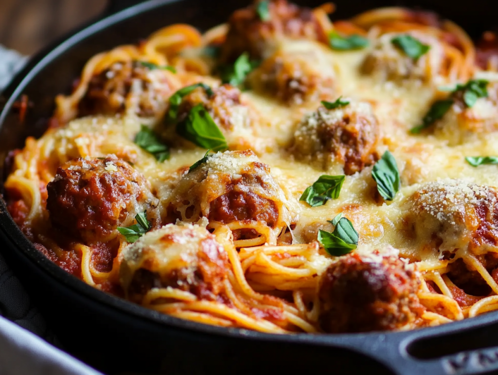 A serving of baked spaghetti and meatballs topped with melted cheese and parsley, served with garlic bread and a small salad.