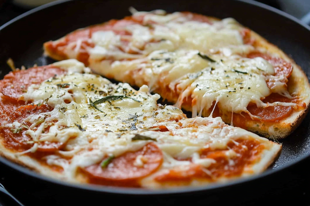 Grilled cheese sandwich pizza cooking in a skillet, with golden-brown bread and melted cheese oozing out.