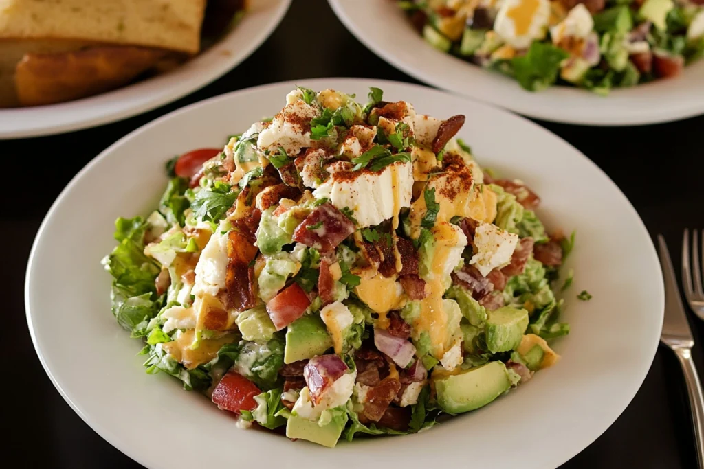 Fully assembled Brown Derby Cobb Salad served on a platter with a bowl of dressing.