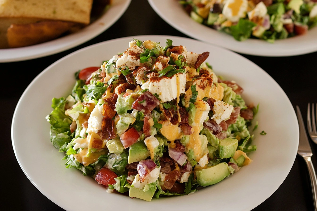 Fully assembled Brown Derby Cobb Salad served on a platter with a bowl of dressing.