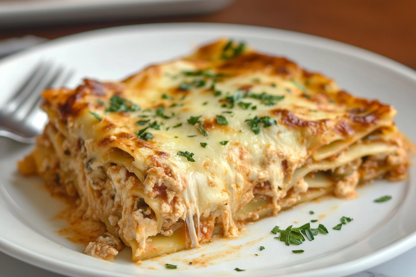 Baked alfredo lasagna with golden cheese topping.
