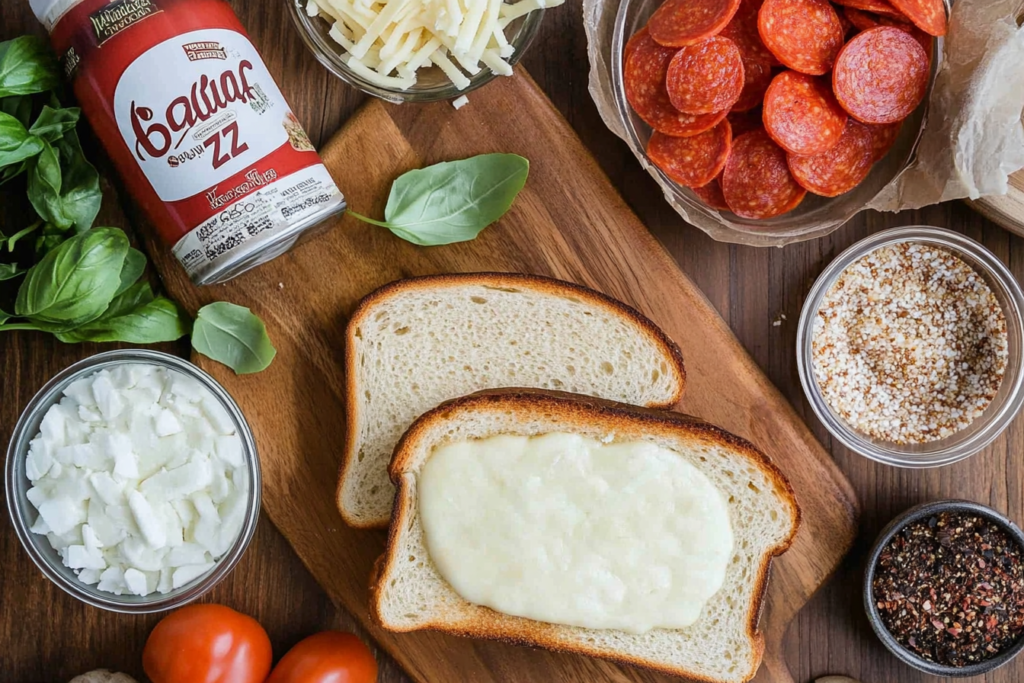 Ingredients for grilled cheese sandwich pizza, including bread, shredded cheese, pizza sauce, pepperoni, and fresh basil, arranged on a rustic table.