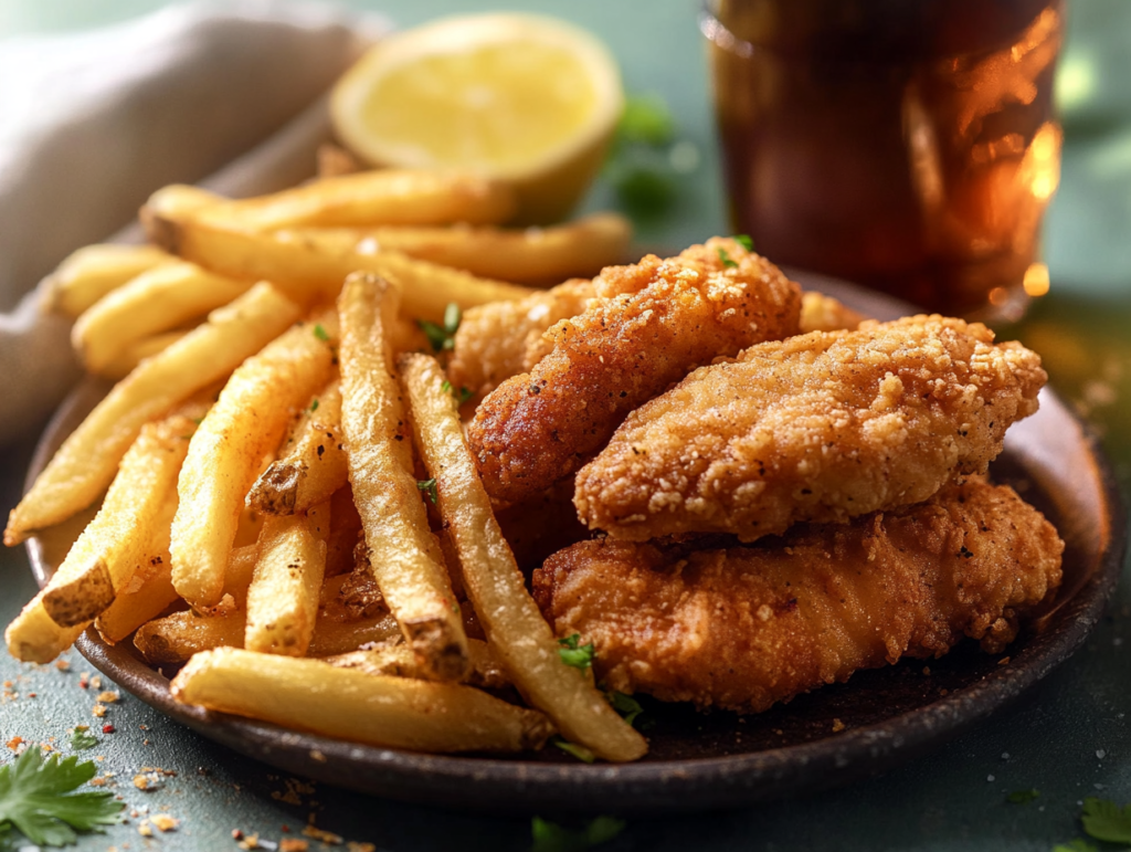 A plate of crispy chicken tenders and seasoned fries, garnished with parsley, served with dipping sauces on a rustic wooden table.