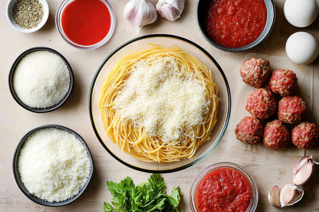 ngredients for baked spaghetti and meatballs, including spaghetti, ground meat, breadcrumbs, marinara sauce, cheese, and parsley.