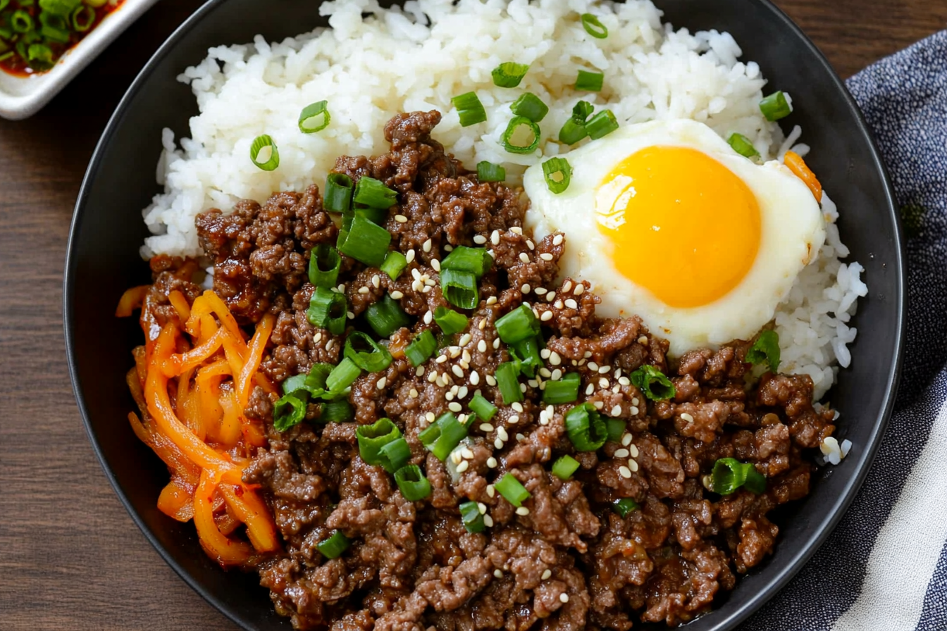 Ground beef bulgogi served in a bowl over steamed white rice, garnished with green onions, sesame seeds, and a fried egg, with kimchi and lettuce wraps on the side.