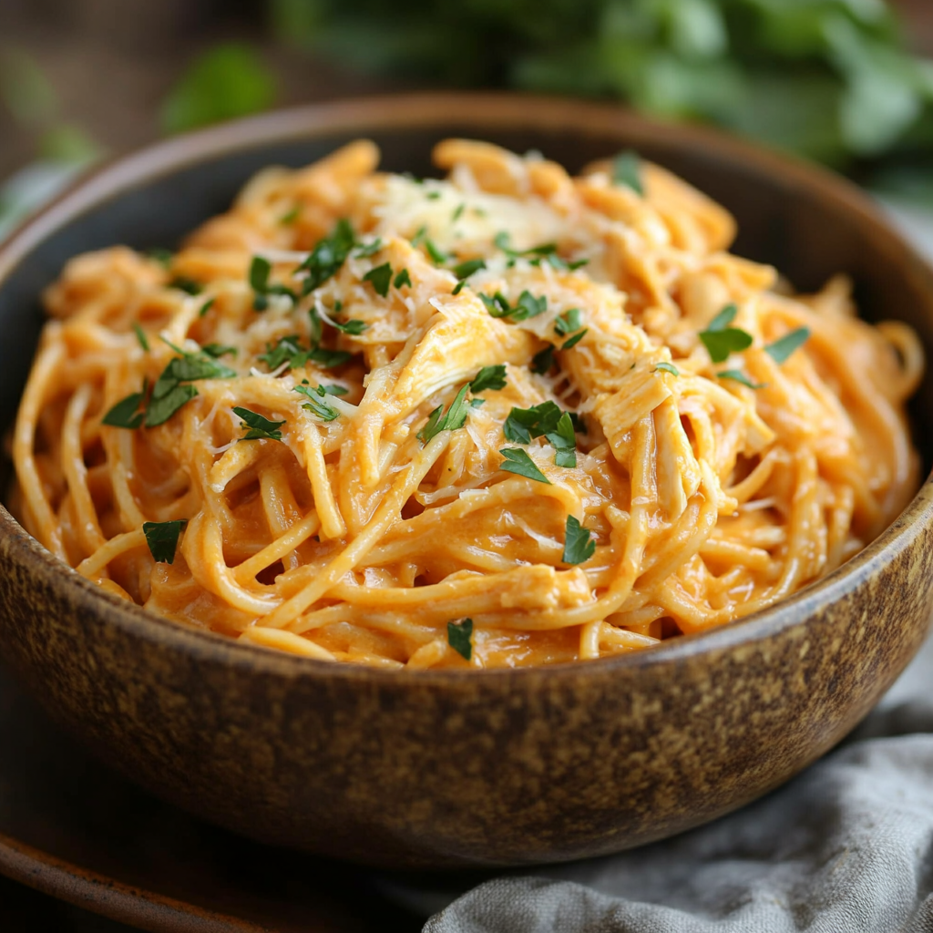 A bowl of Creamy Crockpot Chicken Spaghetti topped with fresh parsley, served on a wooden table with a fork and napkin nearby.