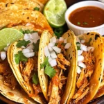 Chicken birria tacos with garnishes and consommé on a plate.