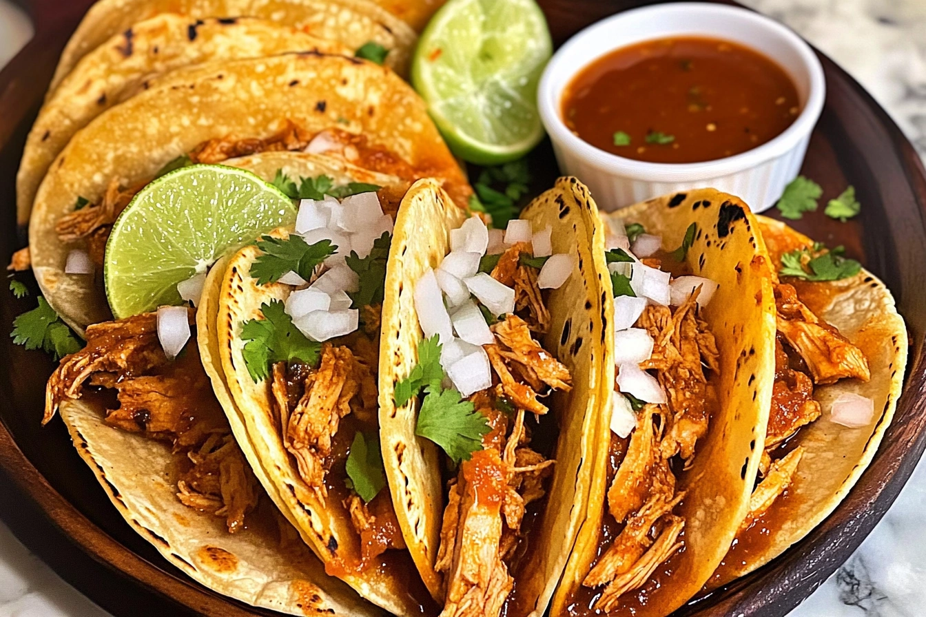 Chicken birria tacos with garnishes and consommé on a plate.