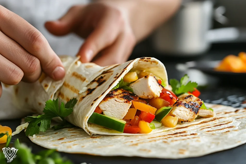 Hands assembling a grilled chicken wrap with fresh ingredients.