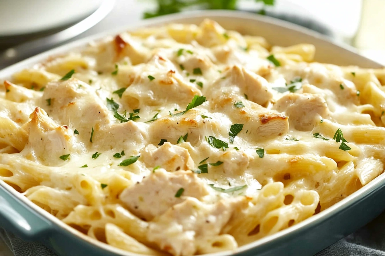 A baked chicken Alfredo pasta casserole with golden-brown cheese and parsley garnish served in a ceramic dish.