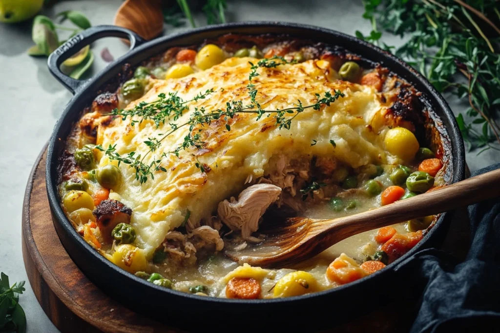 A baked chicken shepherd's pie with golden-brown topping, garnished with parsley.