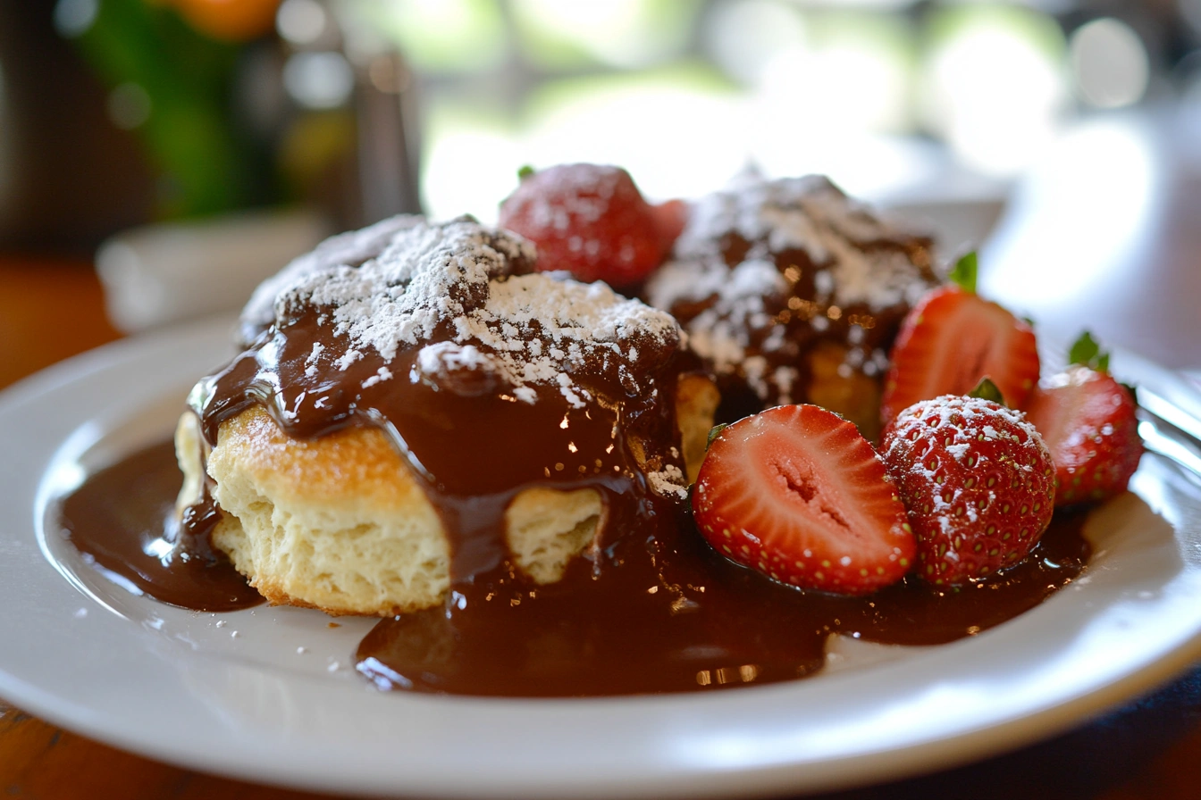 Freshly baked biscuits topped with warm chocolate gravy on a white plate, garnished with powdered sugar and strawberries.