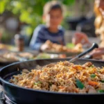 A family enjoying Blackstone Chicken Fried Rice outdoors with a Blackstone griddle in the background.