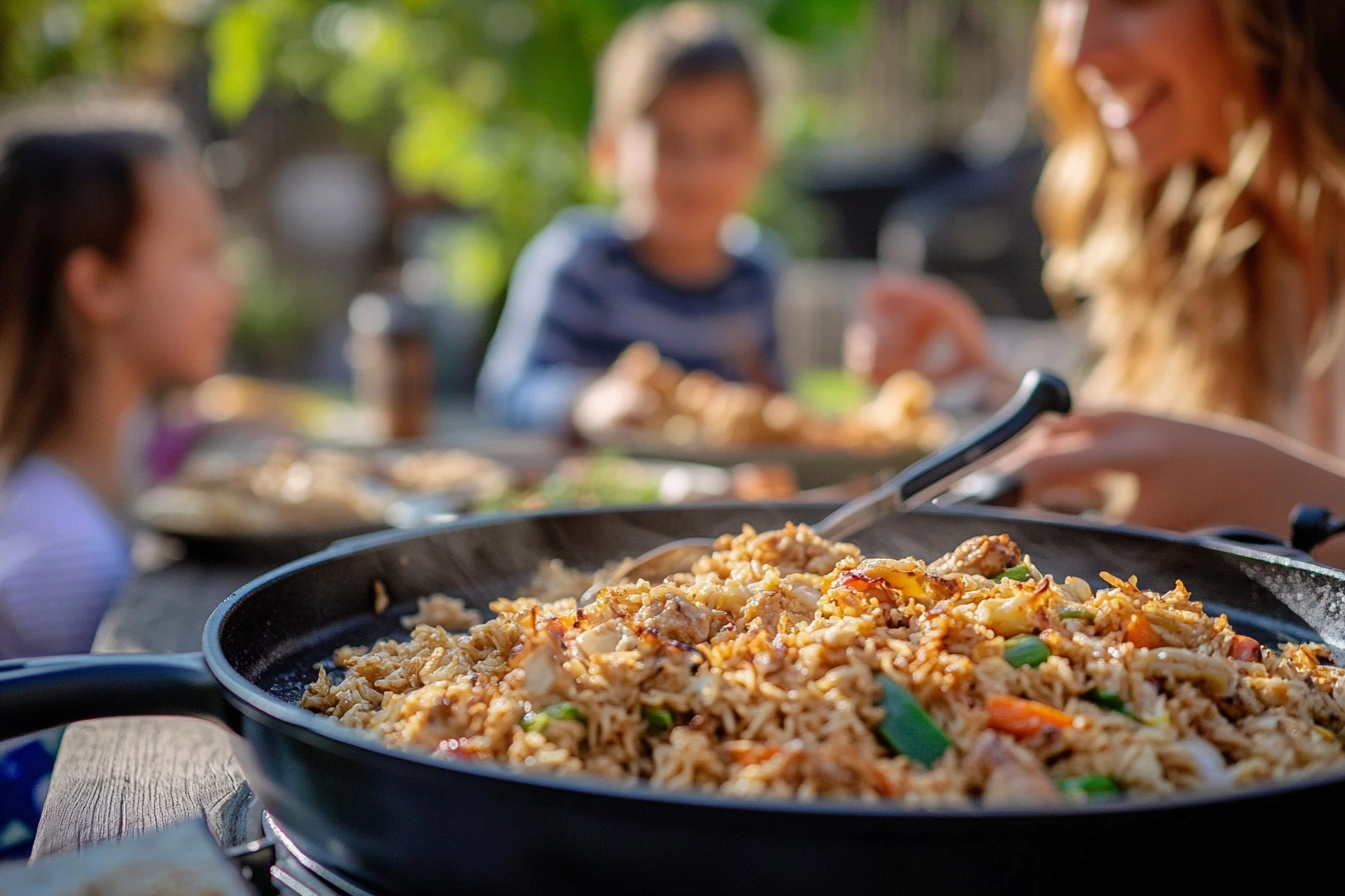 A family enjoying Blackstone Chicken Fried Rice outdoors with a Blackstone griddle in the background.