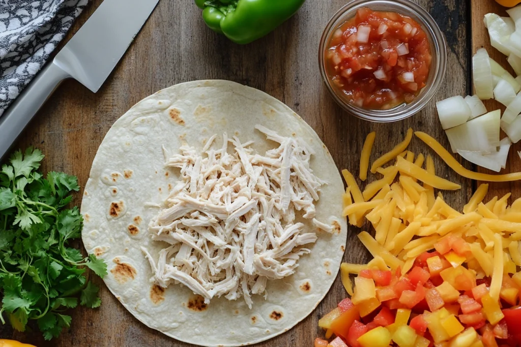 Ingredients for chicken quesadilla including chicken, tortillas, cheese, and vegetables on a wooden countertop.