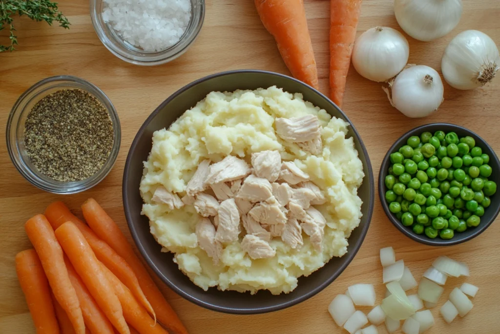 Ingredients for chicken shepherd's pie including chicken, peas, carrots, onions, mashed potatoes, and spices on a wooden table.