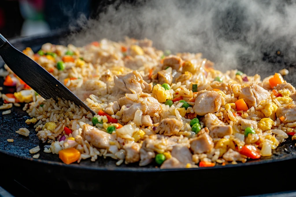 Chicken fried rice cooking on a Blackstone griddle with golden chicken and colorful vegetables.