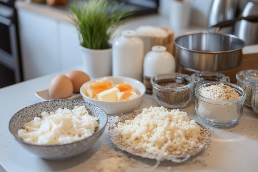  Ingredients for Crab Cake Eggs Benedict on a rustic wooden table.