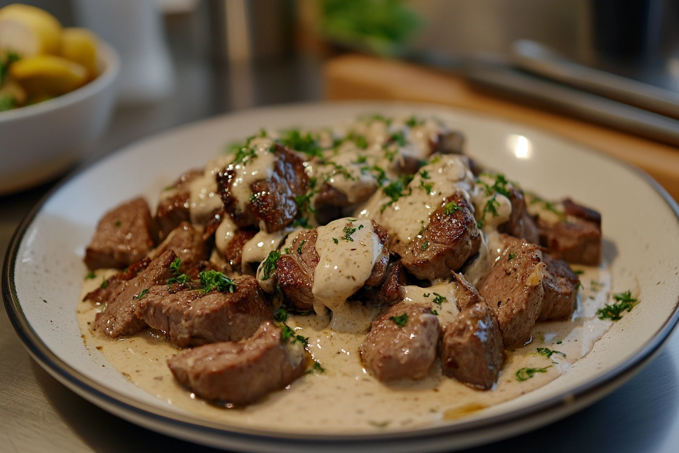 Plated beef stroganoff with noodles and garnish.