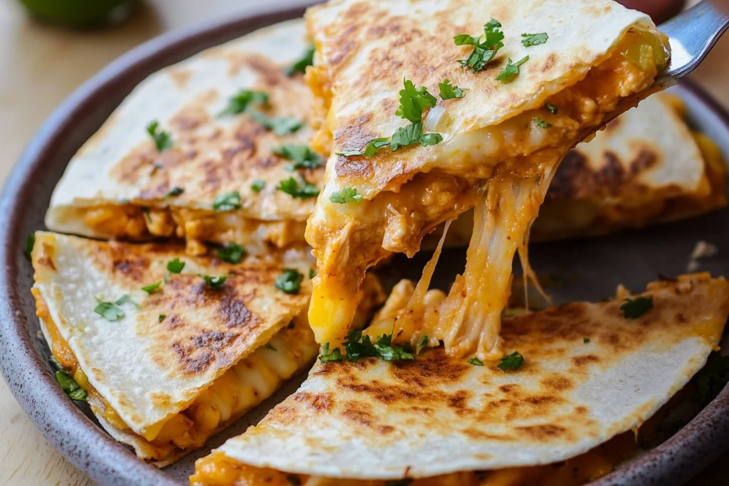 Golden brown chicken quesadilla sliced into triangles and served with guacamole, salsa, and sour cream.