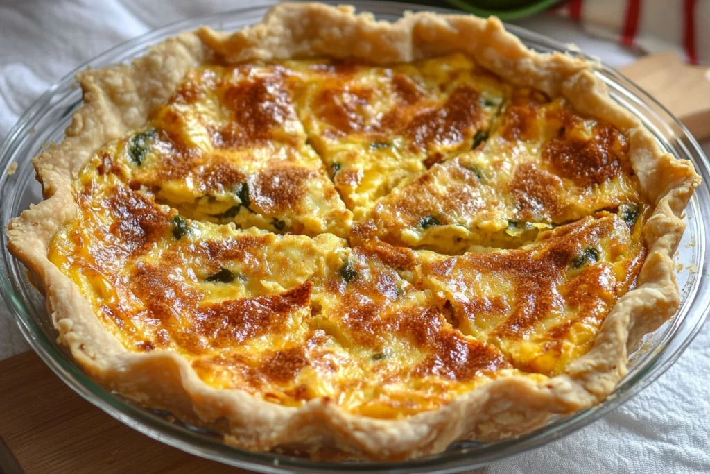 Freshly baked tortilla quiche with golden-brown edges, garnished with herbs, and served in a baking dish with a slice cut out.