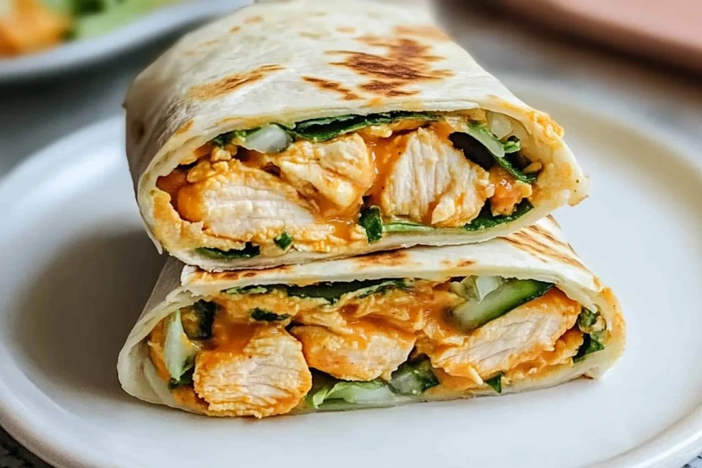 A healthy buffalo chicken wrap served with fresh vegetables and yogurt ranch.