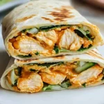 A healthy buffalo chicken wrap served with fresh vegetables and yogurt ranch.