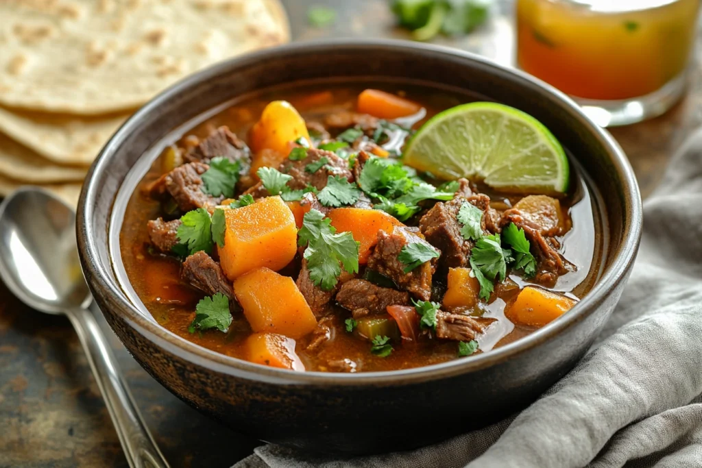 A bowl of Mexican Beef Stew served with cilantro garnish and lime wedges.