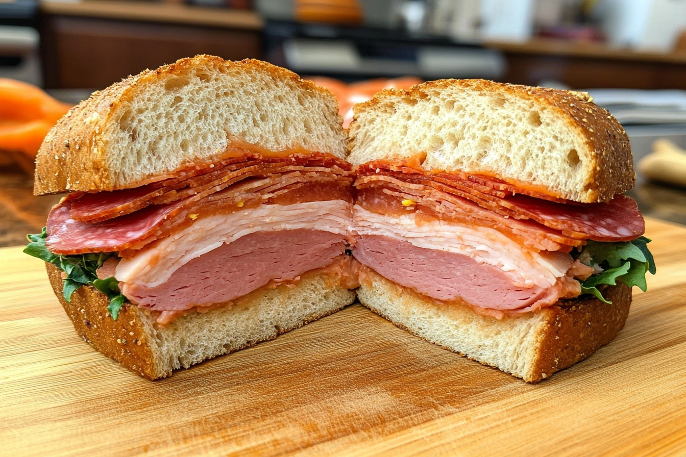 A freshly made ham, salami, and turkey sandwich sliced open, served with chips and a drink.