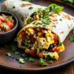 Delicious high protein breakfast burrito wrapped and garnished, served on a rustic plate.