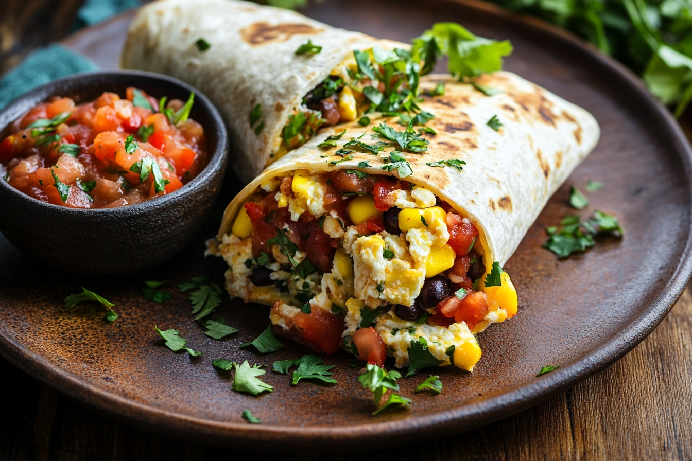 Delicious high protein breakfast burrito wrapped and garnished, served on a rustic plate.