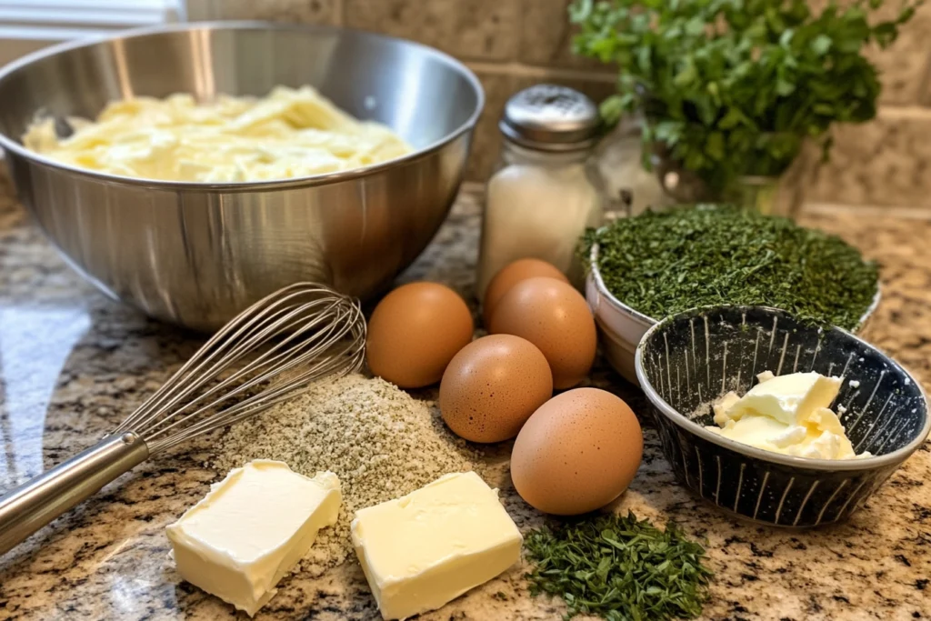 Ingredients for making an omelet displayed on a kitchen counter.