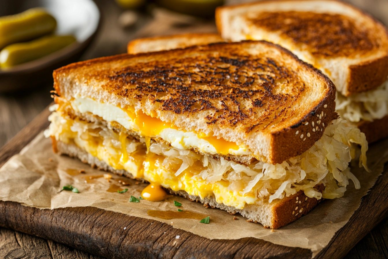 A grilled sauerkraut egg cheese sandwich served with pickles and mustard.